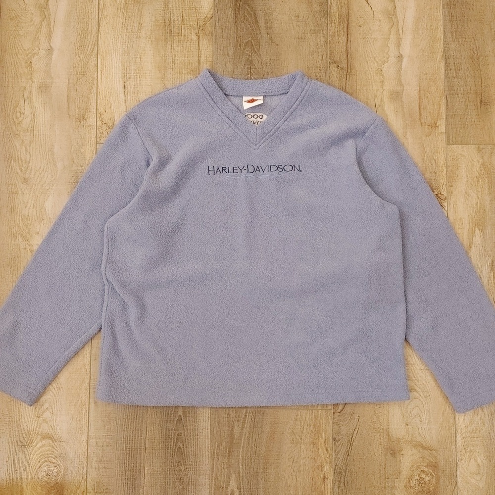 Harley-Davidson Women Blue Fleece V-Neck Pullover Sweater Doc's Kirkwood MO L